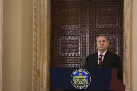 BUCHAREST, ROMANIA  - June 28, 2017:  Bulgarian President Rumen Radev speaks speaks during the joint press conference with Bulgarian counterpart in his first official visit in Romania.のeditorial素材