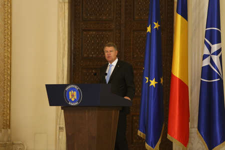 BUCHAREST, ROMANIA  - June 29, 2017: Romanian President Klaus Iohannis speaks during a swearing-in ceremony of Mihai Tudose Cabinet at Cotroceni palace in Bucharest, capital of Romania, June 29, 2017.のeditorial素材