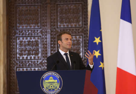 BUCHAREST, ROMANIA - August 24, 2017: French President Emmanuel Macron speaks during the press conference with his Romanian counterpart at Cotroceni Palace. Macron starts in Romania the three-day tour of central and Eastern Europe.のeditorial素材