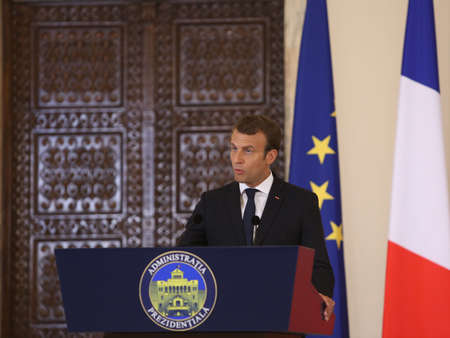 BUCHAREST, ROMANIA - August 24, 2017: French President Emmanuel Macron speaks during the press conference with his Romanian counterpart at Cotroceni Palace. Macron starts in Romania the three-day tour of central and Eastern Europe.のeditorial素材