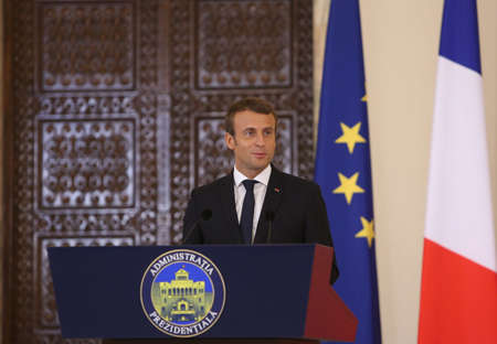 BUCHAREST, ROMANIA - August 24, 2017: French President Emmanuel Macron speaks during the press conference with his Romanian counterpart at Cotroceni Palace. Macron starts in Romania the three-day tour of central and Eastern Europe.のeditorial素材