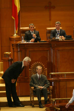 BUCHAREST, ROMANIA - OCTOBER 25, 2011: King Michael of Romania during the first speach in front of Romanian Parliament in Bucharest.のeditorial素材
