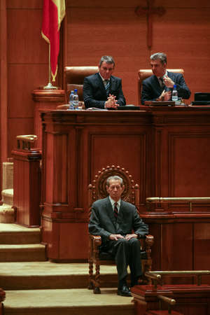 BUCHAREST, ROMANIA - OCTOBER 25, 2011: King Michael of Romania during the first speech in front of Romanian Parliament in Bucharest.のeditorial素材
