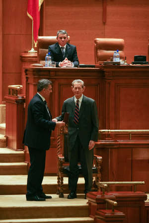 BUCHAREST, ROMANIA - OCTOBER 25, 2011: King Michael of Romania during the first speech in front of Romanian Parliament in Bucharest.のeditorial素材