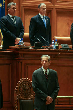 BUCHAREST, ROMANIA - OCTOBER 25, 2011: King Michael of Romania during the first speech in front of...