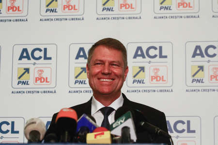 Bucharest, Romania, 24 November 2014: Klaus Werner Iohannis, the candidate of Presidency of Christian Liberal Alliance (PNL and PDL) speaks at the end of elections in a press conference.のeditorial素材