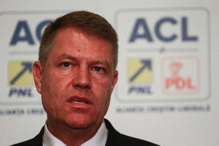 Bucharest, Romania, 24 November 2014: Klaus Werner Iohannis, the candidate of Presidency of Christian Liberal Alliance (PNL and PDL) speaks at the end of elections in a press conference.のeditorial素材