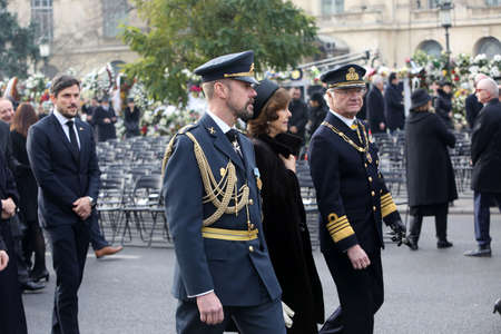 BUCHAREST, ROMANIA - DECEMBER 16, 2017: Sweden's Queen Silvia and King Carl XVI Gustaf attend the funeral ceremony for the late Romanian King Michael I in front of the former Royal Palace.のeditorial素材