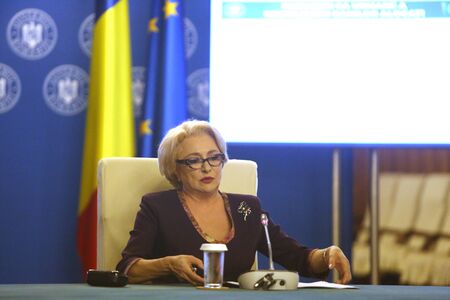 Bucharest, Romania - August 02, 2018: Viorica Dancila, Prime Minister of Romania, heads the government meeting at Victoria Palace in Bucharest, Romania.のeditorial素材