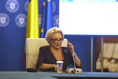 Bucharest, Romania - August 02, 2018: Viorica Dancila, Prime Minister of Romania, heads the government meeting at Victoria Palace in Bucharest, Romania.のeditorial素材