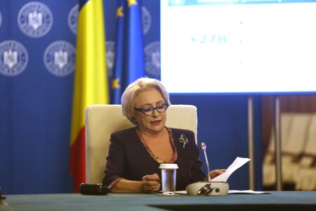 Bucharest, Romania - August 02, 2018: Viorica Dancila, Prime Minister of Romania, heads the government meeting at Victoria Palace in Bucharest, Romania.のeditorial素材