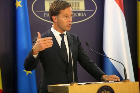 Bucharest, Romania - September 12, 2018: Dutch Prime Minister Mark Rutte, speaks during the joint press conference with his Romania counterpart Viorica Dancila at Victoria Palace in Bucharest.のeditorial素材