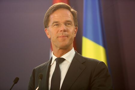 Bucharest, Romania - September 12, 2018: Dutch Prime Minister Mark Rutte, speaks during the joint press conference with his Romania counterpart Viorica Dancila at Victoria Palace in Bucharest.のeditorial素材