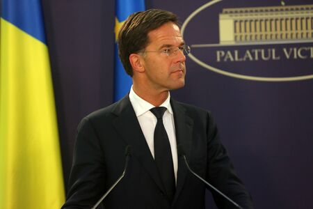 Bucharest, Romania - September 12, 2018: Dutch Prime Minister Mark Rutte, speaks during the joint press conference with his Romania counterpart Viorica Dancila at Victoria Palace in Bucharest.のeditorial素材