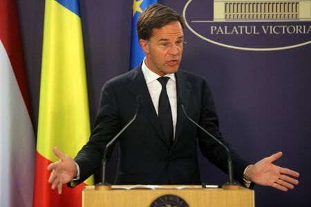 Bucharest, Romania - September 12, 2018: Dutch Prime Minister Mark Rutte, speaks during the joint press conference with his Romania counterpart Viorica Dancila at Victoria Palace in Bucharest.のeditorial素材
