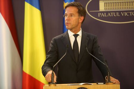 Bucharest, Romania - September 12, 2018: Dutch Prime Minister Mark Rutte, speaks during the joint press conference with his Romania counterpart Viorica Dancila at Victoria Palace in Bucharest.のeditorial素材