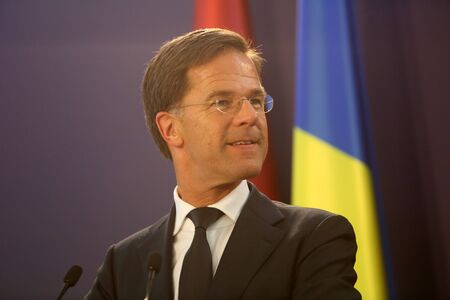 Bucharest, Romania - September 12, 2018: Dutch Prime Minister Mark Rutte, speaks during the joint press conference with his Romania counterpart Viorica Dancila at Victoria Palace in Bucharest.のeditorial素材