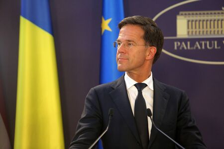 Bucharest, Romania - September 12, 2018: Dutch Prime Minister Mark Rutte, speaks during the joint press conference with his Romania counterpart Viorica Dancila at Victoria Palace in Bucharest.のeditorial素材