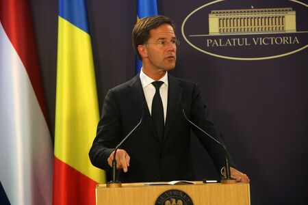 Bucharest, Romania - September 12, 2018: Dutch Prime Minister Mark Rutte, speaks during the joint press conference with his Romania counterpart Viorica Dancila at Victoria Palace in Bucharest.のeditorial素材