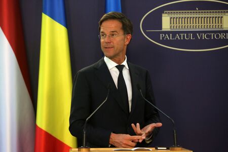 Bucharest, Romania - September 12, 2018: Dutch Prime Minister Mark Rutte, speaks during the joint press conference with his Romania counterpart Viorica Dancila at Victoria Palace in Bucharest.のeditorial素材