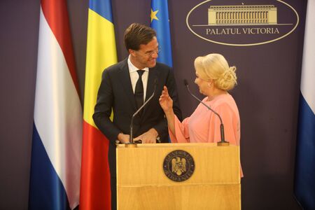 Bucharest, Romania - September 12, 2018: Dutch Prime Minister Mark Rutte and his Romania counterpart Viorica Dancila during the joint press conference at Victoria Palace in Bucharest.のeditorial素材