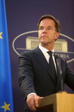 Bucharest, Romania - September 12, 2018: Dutch Prime Minister Mark Rutte, speaks during the joint press conference with his Romania counterpart Viorica Dancila at Victoria Palace in Bucharest.のeditorial素材