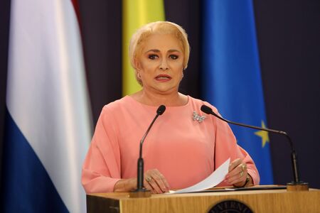 Bucharest, Romania - September 12, 2018: Viorica Dancila, Prime Minister of Romania, speaks during the joint press conference with her Dutch counterpart Mark Rutte at Victoria Palace in Bucharest.のeditorial素材