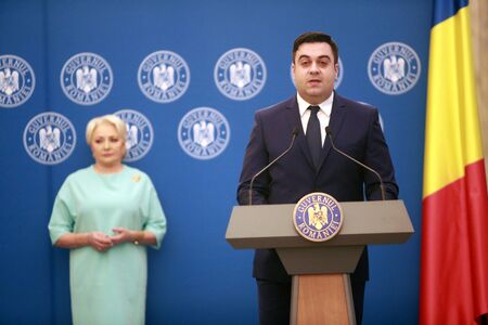 BUCHAREST, ROMANIA - April 14, 2019:  Romanian Minister of Transport, Razvan Cuc speaks after the ceremony of contract signing for major infrastructure projects.のeditorial素材