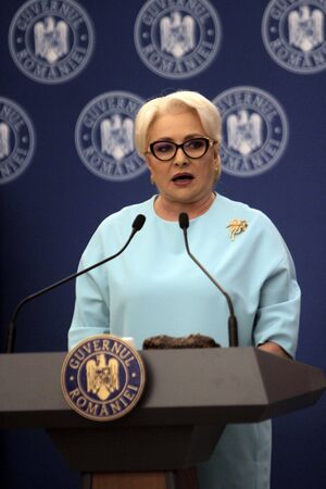 BUCHAREST, ROMANIA - April 14, 2019:  Romanian Prime Minister Viorica Dancila speaks after the ceremony of contract signing for major infrastructure projects.のeditorial素材