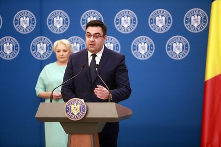 BUCHAREST, ROMANIA - April 14, 2019:  Romanian Minister of Transport, Razvan Cuc speaks after the ceremony of contract signing for major infrastructure projects.のeditorial素材