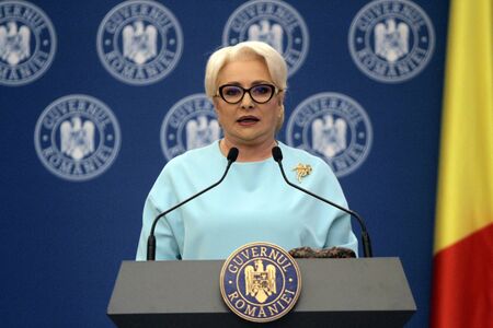 BUCHAREST, ROMANIA - April 14, 2019:  Romanian Prime Minister Viorica Dancila speaks after the ceremony of contract signing for major infrastructure projects.のeditorial素材
