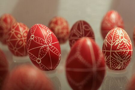 HARGHITA, ROMANIA - March 27, 2010: Hand painted Easter eggs exhibition.のeditorial素材