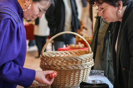HARGHITA, ROMANIA - March 27, 2010: Hand painted Easter eggs exhibition.のeditorial素材