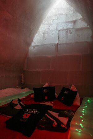 SIBIU, ROMANIA - March 13, 2010: Relax area at Ice hotel, Balea lake, Fagaras mountains.のeditorial素材