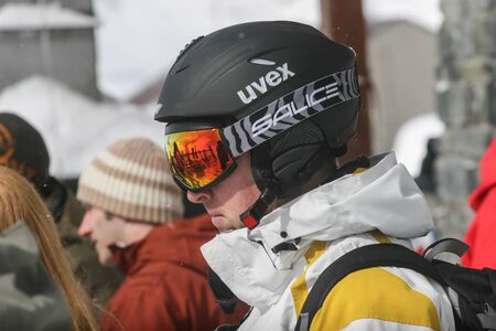 SIBIU, ROMANIA - March 13, 2010: Portrait of a male skier at Balea lake, Fagaras mountains.のeditorial素材