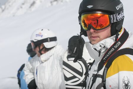 SIBIU, ROMANIA - March 13, 2010: Portrait of a male skier at Balea lake, Fagaras mountains.のeditorial素材