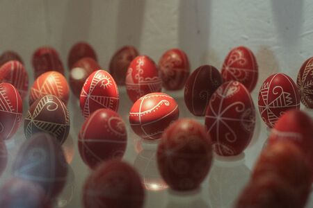 HARGHITA, ROMANIA - March 27, 2010: Hand painted Easter eggs exhibition.のeditorial素材