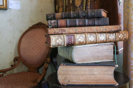 BUCHAREST, ROMANIA - MAY 28, 2017: Close up detail of vintage leather-bound books on a shelf.のeditorial素材