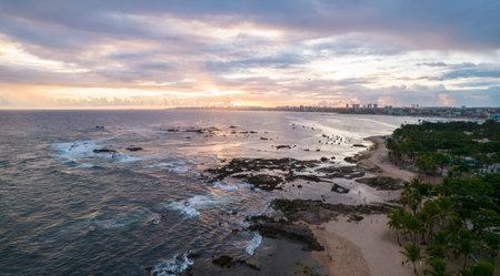 Aerial view of Itapuã beach during sunsetの写真素材