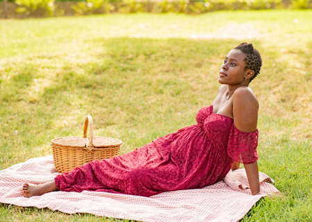 Pregnant black woman resting during picnicの写真素材