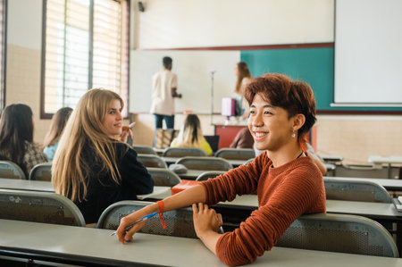 Cheerful Asian student speaking during lessonの写真素材