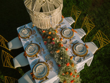 Table for banquet decorated with flowers