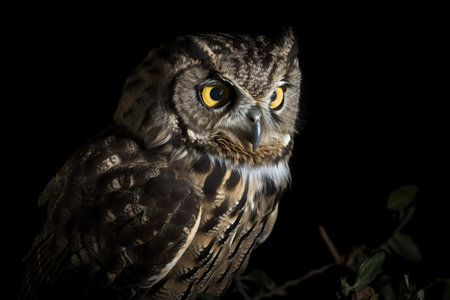 Brown owl with brown plumage on black background at night. IAの写真素材