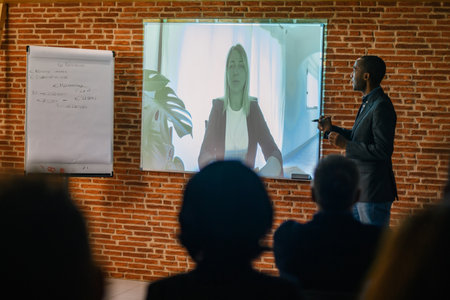 Side view of African American businessman showing video call durの写真素材
