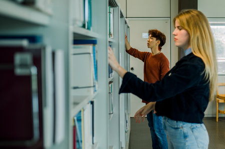 Young woman standing at bookshelf and searching for bookの写真素材