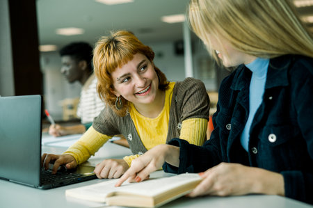 Smiling woman working on laptop and sitting with friend