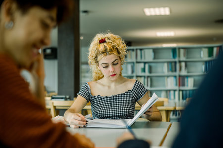 Focused woman reading book in library with crop ethnic studentの写真素材