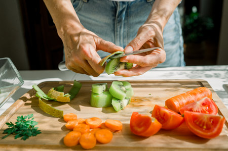 Crop anonymous woman peeling juicy kiwi with knife on wooden cutting board while preparing...
