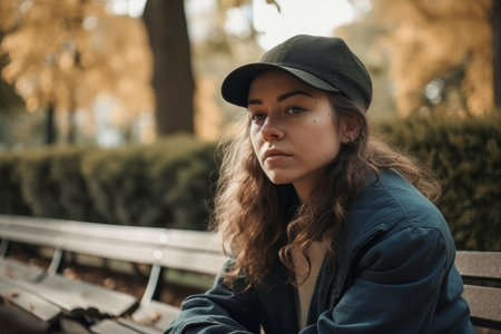 Thoughtful young woman in cap sitting on street bench in daylightの素材
