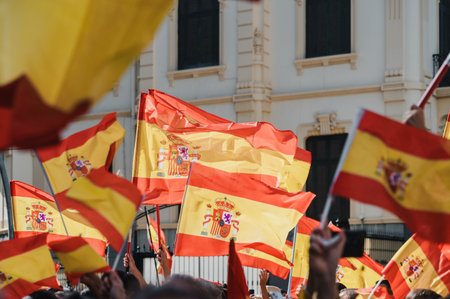 Hundreds of people demonstrating with flags of Spainの写真素材